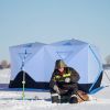 5-8 Person Ice Fishing Shelter, Pop-up Ice Fishing Tent, Ice Shanty, Portable and Insulated, with 2 Doors and Carrying Bag, Light Blue