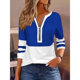 Women's V-collar Contrast Color Striped Loose Zip Long-sleeved T-shirt (Option: Blue-M)