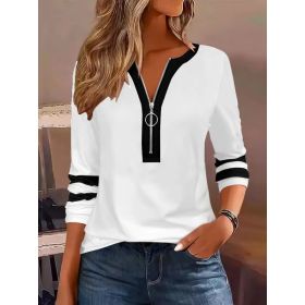 Women's V-collar Contrast Color Striped Loose Zip Long-sleeved T-shirt (Option: White-S)