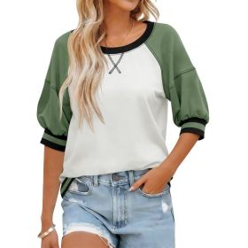 Fisoew Womens Crewneck Sweatshirt Ribbed Raglan Half Sleeve Pullover Tops Color Block Loose Fit Sweatshirts (Option: Green-L)