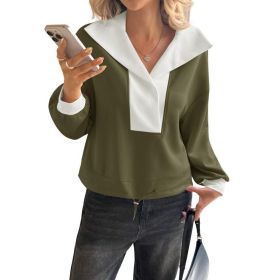 Fisoew Womens Cropped Oversized Sweatshirt Casual Lapel V Neck Long Sleeve Contrast Drawstring Loose Fit Fall Pullover Tops (Option: Army Green-L)