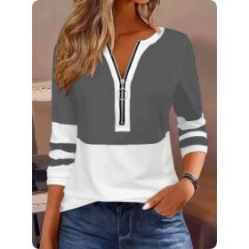 Women's V-collar Contrast Color Striped Loose Zip Long-sleeved T-shirt (Option: Grey-M)