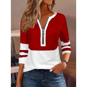 Women's V-collar Contrast Color Striped Loose Zip Long-sleeved T-shirt (Option: Red-XXL)