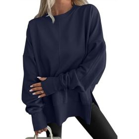 Fashion Casual Round Neck Pullover Loose Sports Long-sleeved Sweater (Option: Navy Blue-M)
