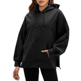 Fisoew Women's Hoodies Oversized Sweatshirts Casual Long Sleeve Side Slit Pullover Tops Fall Winter Outfits With Pocket (Option: Black-XXL)