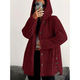Hooded Loose Plush Coat Women's Regular Sleeve (Option: Wine Red-S)