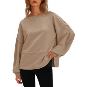 Fisoew Womens Casual Crewneck Sweatshirts Lantern Long Sleeve Side Slit Loose Sweatshirt Fall Crop Pullover Tops (Option: Khaki-XXL)