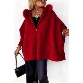 Ins Plush Hooded Cardigan Fashion Warm Pockets Zip-up Knitted Jacket Casual Outerwear Batwing Sleeve Sweater Women's Clothing (Option: Red-S)
