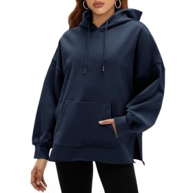 Fisoew Women's Hoodies Oversized Sweatshirts Casual Long Sleeve Side Slit Pullover Tops Fall Winter Outfits With Pocket (Option: Navy-XL)