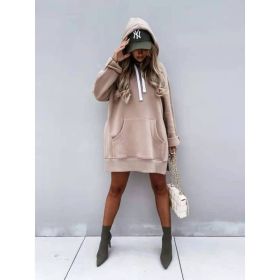 Women's Hooded Sweatshirt With Pockets Fashion Casual Split Mid-length Sweater Drawstring Tops (Option: Khaki-S)