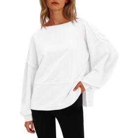 Fisoew Womens Casual Crewneck Sweatshirts Lantern Long Sleeve Side Slit Loose Sweatshirt Fall Crop Pullover Tops (Option: White-XXL)