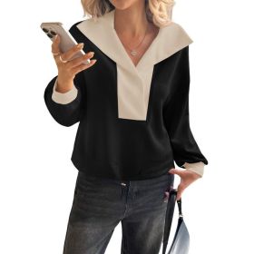 Fisoew Womens Cropped Oversized Sweatshirt Casual Lapel V Neck Long Sleeve Contrast Drawstring Loose Fit Fall Pullover Tops (Option: Black-L)