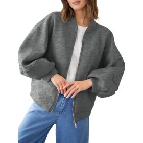 Fisoew Womens Zip Up Sweatshirt Casual Bomber Jacket Lantern Sleeve Oversized Jacket Fall Outfits 2025 (Option: Dark Grey-L)