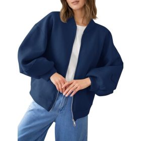 Fisoew Womens Zip Up Sweatshirt Casual Bomber Jacket Lantern Sleeve Oversized Jacket Fall Outfits 2025 (Option: Navy-L)