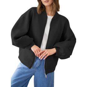 Fisoew Womens Zip Up Sweatshirt Casual Bomber Jacket Lantern Sleeve Oversized Jacket Fall Outfits 2025 (Option: Black-L)