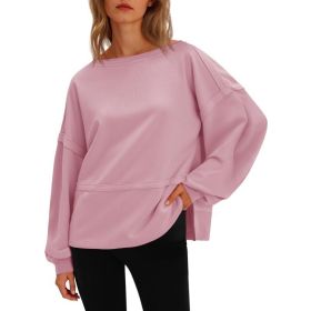 Fisoew Womens Casual Crewneck Sweatshirts Lantern Long Sleeve Side Slit Loose Sweatshirt Fall Crop Pullover Tops (Option: Pink-XL)