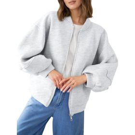 Fisoew Womens Zip Up Sweatshirt Casual Bomber Jacket Lantern Sleeve Oversized Jacket Fall Outfits 2025 (Option: Light Grey-L)