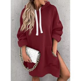 Women's Hooded Sweatshirt With Pockets Fashion Casual Split Mid-length Sweater Drawstring Tops (Option: Wine Red-S)