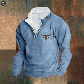 Retro Patchwork Half Cardigan Men's Long-sleeved Sweater (Option: Blue-2xl)