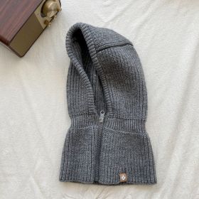 Autumn Winter Knit Hat Zipper Warm Neck Cover Head Wool Neck Hat (Color: Grey)