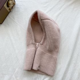 Autumn Winter Knit Hat Zipper Warm Neck Cover Head Wool Neck Hat (Color: pink)