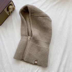 Autumn Winter Knit Hat Zipper Warm Neck Cover Head Wool Neck Hat (Color: Khaki)