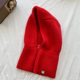 Autumn Winter Knit Hat Zipper Warm Neck Cover Head Wool Neck Hat (Color: Red)