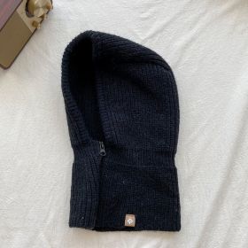 Autumn Winter Knit Hat Zipper Warm Neck Cover Head Wool Neck Hat (Color: Black)