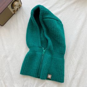 Autumn Winter Knit Hat Zipper Warm Neck Cover Head Wool Neck Hat (Color: Green)