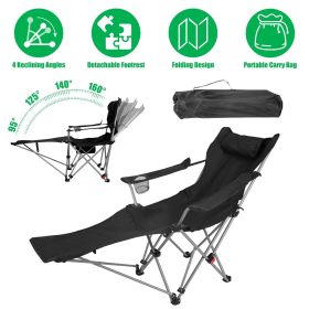 Reclining Camping Chair with Footrest 4-Position Adjustable Outdoor Folding Chair Heavy Duty Portable Camping Lounge Chair with Headrest Cup Hold (Color: Black)