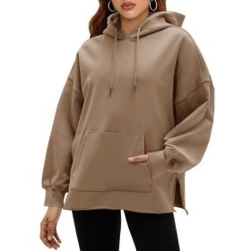 Fisoew Women's Hoodies Oversized Sweatshirts Casual Long Sleeve Side Slit Pullover Tops Fall Winter Outfits With Pocket (Option: Khaki-XXL)