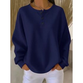Ins Waffle Long-sleeved T-shirt Fashion Solid Color Buttons Round Neck Pullover Top Women's Clothing (Option: Dark Blue-S)