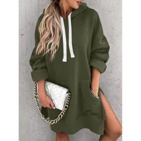 Women's Hooded Sweatshirt With Pockets Fashion Casual Split Mid-length Sweater Drawstring Tops (Option: Army Green-M)