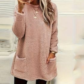 Women's Long Sleeved Pocket Plush Hoodie T-shirt (Option: Pink-XL)