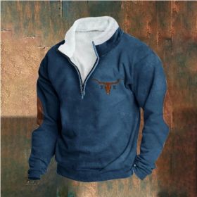 Retro Patchwork Half Cardigan Men's Long-sleeved Sweater (Option: Dark Blue-XL)