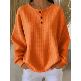 Ins Waffle Long-sleeved T-shirt Fashion Solid Color Buttons Round Neck Pullover Top Women's Clothing (Option: Orange-M)