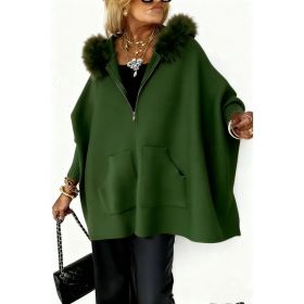 Ins Plush Hooded Cardigan Fashion Warm Pockets Zip-up Knitted Jacket Casual Outerwear Batwing Sleeve Sweater Women's Clothing (Option: Green-M)