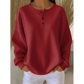 Ins Waffle Long-sleeved T-shirt Fashion Solid Color Buttons Round Neck Pullover Top Women's Clothing (Option: Red-M)