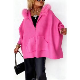 Ins Plush Hooded Cardigan Fashion Warm Pockets Zip-up Knitted Jacket Casual Outerwear Batwing Sleeve Sweater Women's Clothing (Option: Pink-M)