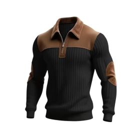 Notched-collar Patchwork Knit Top With Embroidered Zipper Hoodie (Option: Black-M)