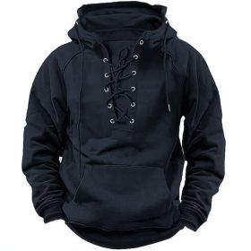 Ins Lace-up Hoodie Casual Sports Pocket Sweatshirt Men's Long-sleeved Top Clothing (Option: Black-M)