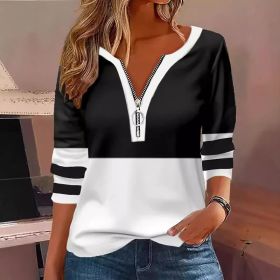 Women's V-collar Contrast Color Striped Loose Zip Long-sleeved T-shirt (Option: Black-M)