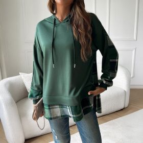 Women's Vintage Oversized Hoodie With Plaid Patchwork Stylish Y2k Clothing Streetwear Round Neck Hooded Long Sleeve Sweatshirts (Option: Green-M)