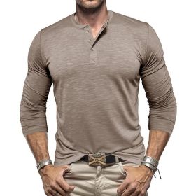 Men's Long-sleeved Henry Collar T-shirt (Option: Khaki-L)