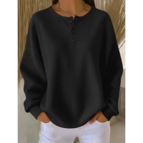 Ins Waffle Long-sleeved T-shirt Fashion Solid Color Buttons Round Neck Pullover Top Women's Clothing (Option: Black-L)