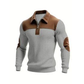 Notched-collar Patchwork Knit Top With Embroidered Zipper Hoodie (Option: Gray-L)
