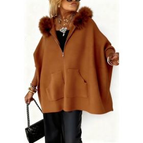 Ins Plush Hooded Cardigan Fashion Warm Pockets Zip-up Knitted Jacket Casual Outerwear Batwing Sleeve Sweater Women's Clothing (Option: Brown-XS)