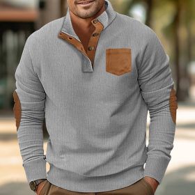Patch Pocket Jacket Stand Collar Long Sleeve Corduroy Multicolor Hoodie (Option: Light Gray-L)
