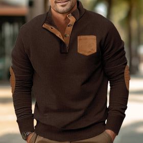 Patch Pocket Jacket Stand Collar Long Sleeve Corduroy Multicolor Hoodie (Option: Brown-L)