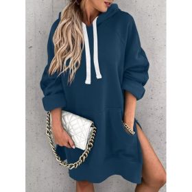 Women's Hooded Sweatshirt With Pockets Fashion Casual Split Mid-length Sweater Drawstring Tops (Option: Navy Blue-3XL)